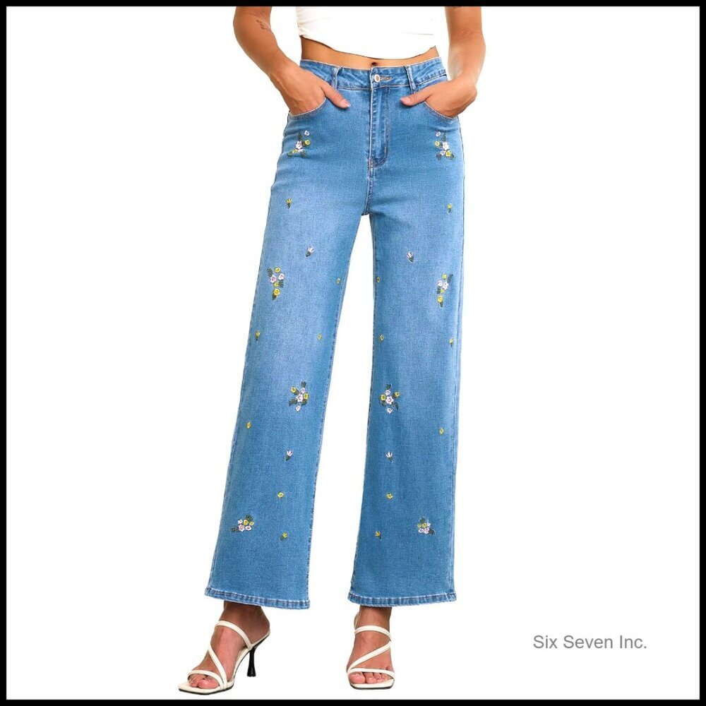 Straight Leg Embroidered Jeans High Waisted Stretchy Wide Leg Denim Pants